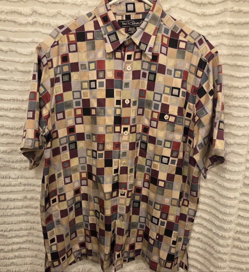 Tori Richard Honolulu 100%‎ silk Colorful Geometric Short Sleeve Button Mens MED